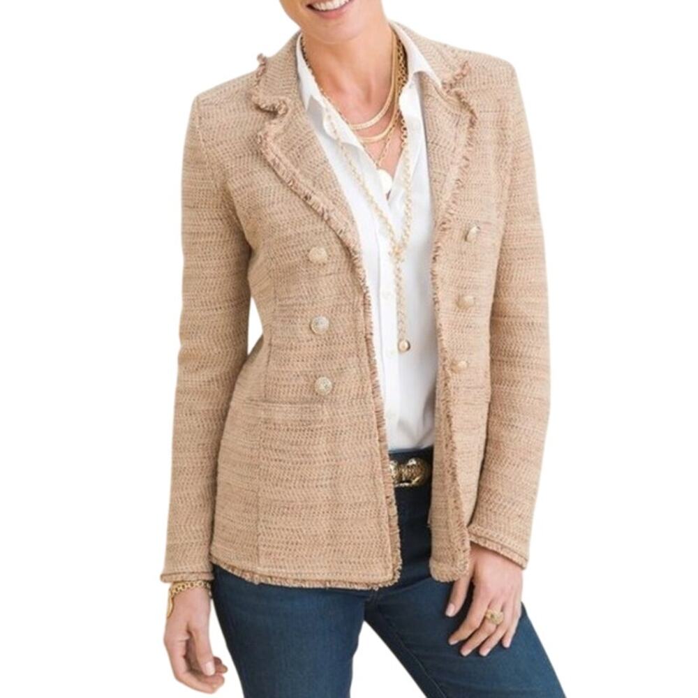 Chicos Fringe Tweed Cardigan Sweater Sz 3(XL) Tan Gold Metallic Party Office NWT